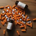 Orange and white pills with two prescription bottles scattered on a wooden table