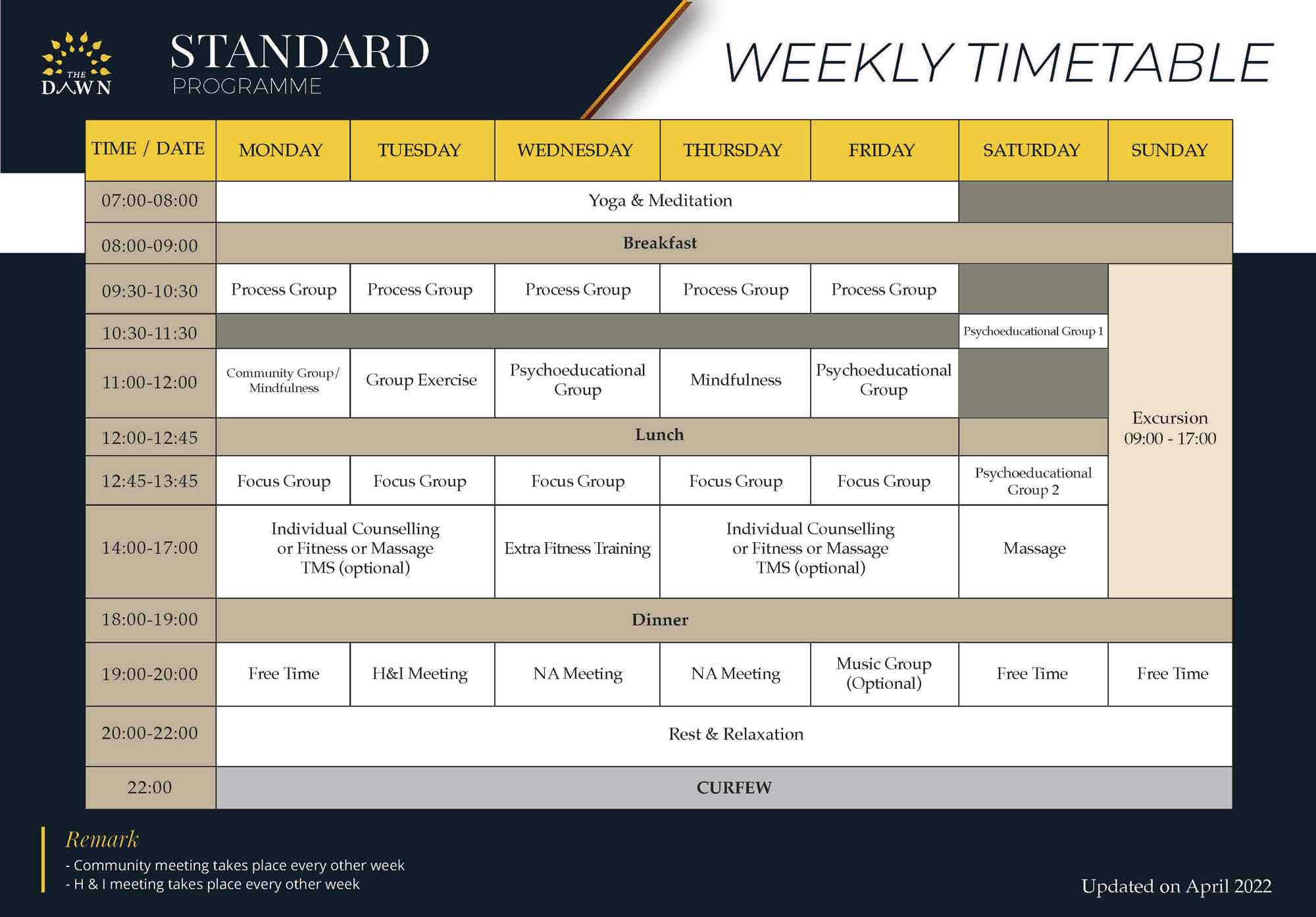 Weekly timetable - updated April 2022