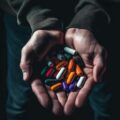 top view close-up hand holding variety of medicine