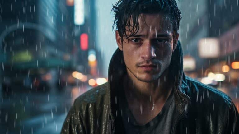 A sad young adult man standing in the rain in the middle of a big city