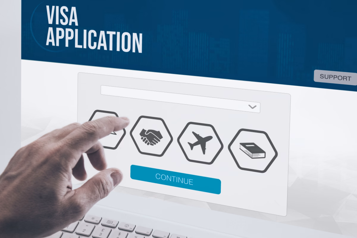 man filling visa application form virtual laptop work recruitment travel immigration concept copy - Travel procedure