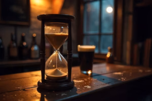 An hourglass in a dimly lit bar with a glass of beer behind it